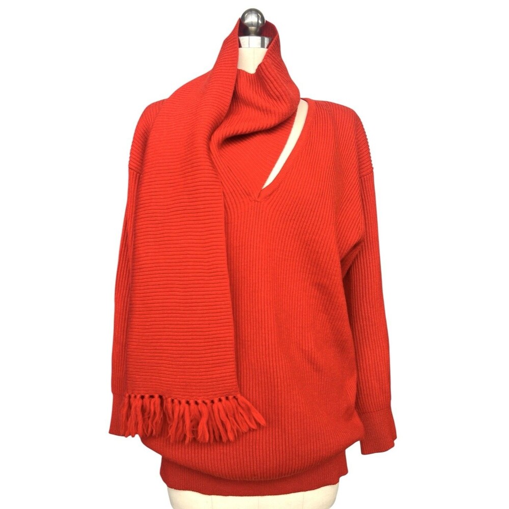 Vintage Adrienne Vittadini Red WoolSweater Scarf Wrap V Nk Minimalist 80s 90s S